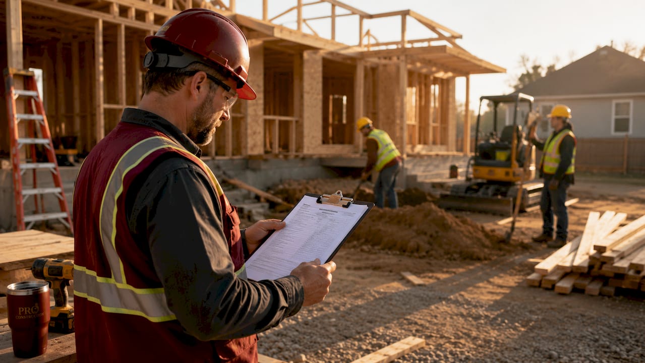 Supervisor checking workers' insurance at construction site