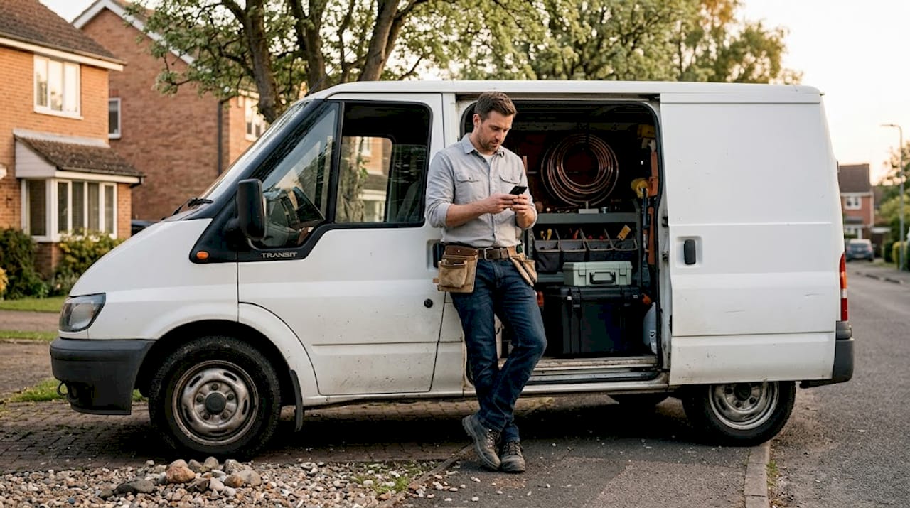 Plumber checking mobile website near van