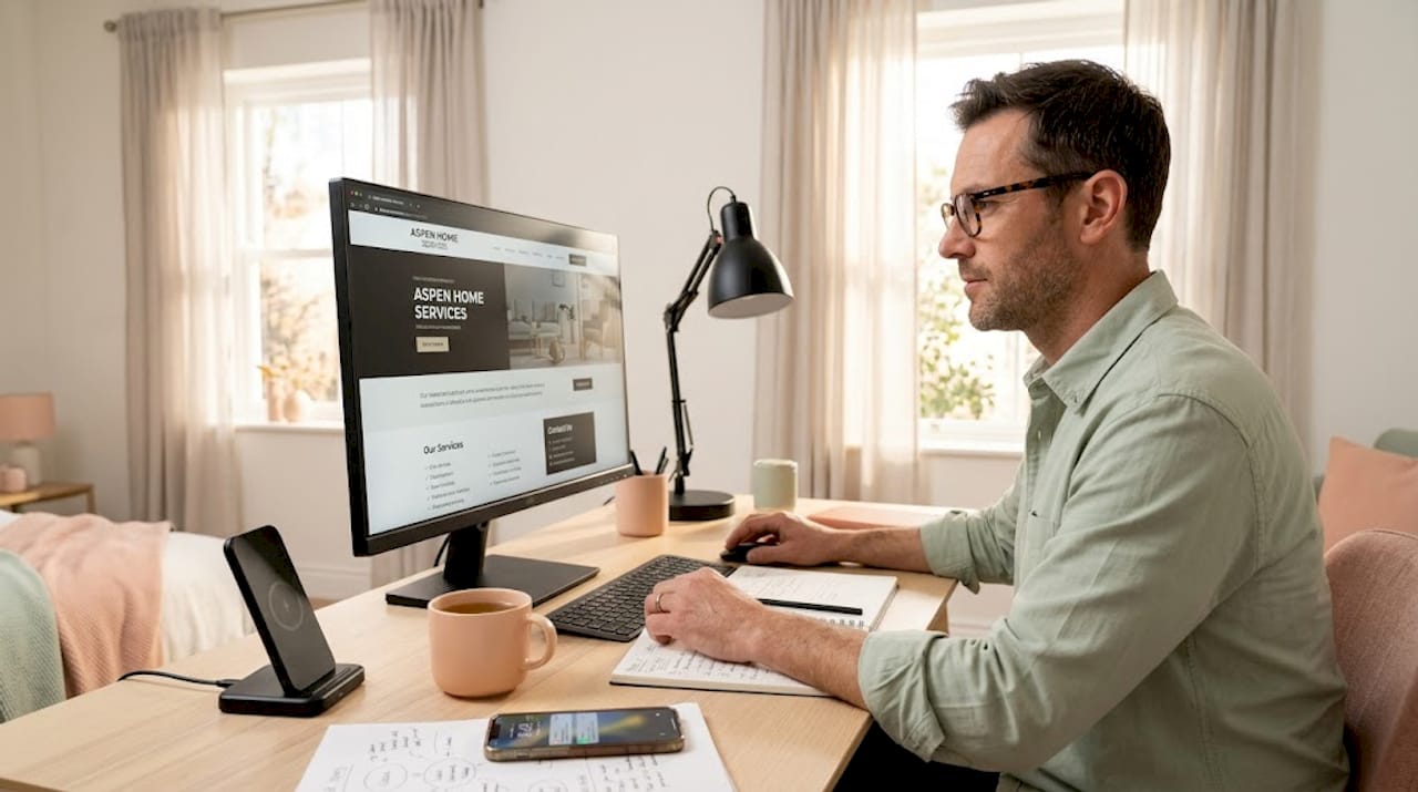 SME owner reviewing website in home office