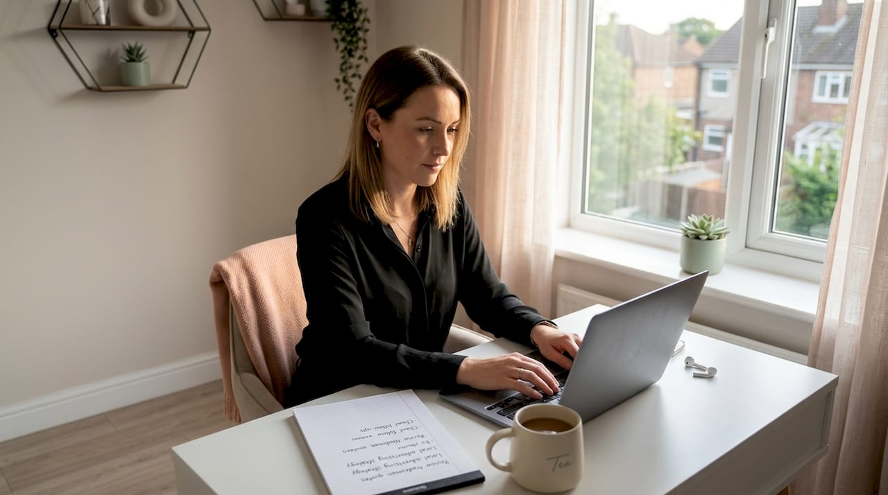 Woman searching AI in cozy home office