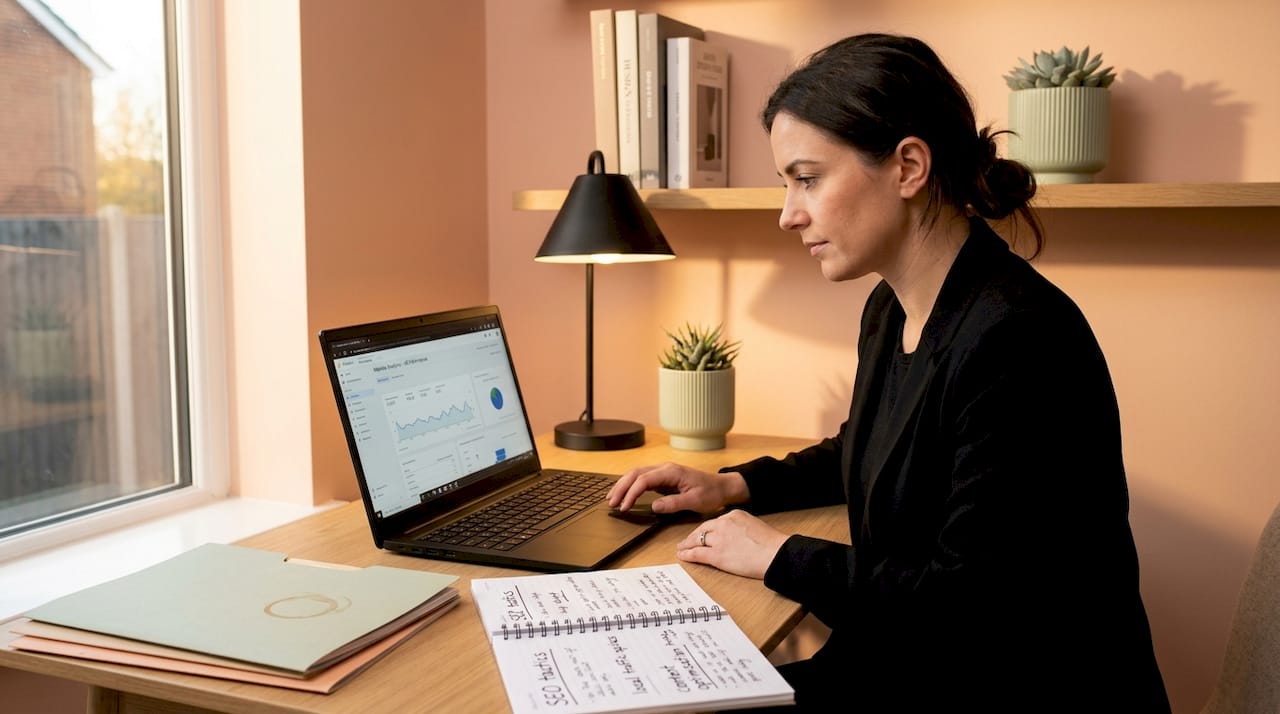 Woman checks analytics at home desk