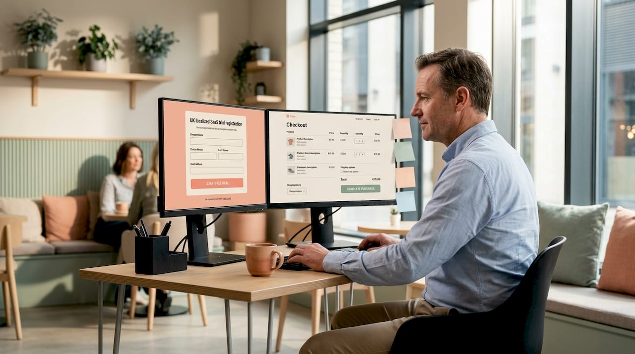 Man compares trial and purchase screens