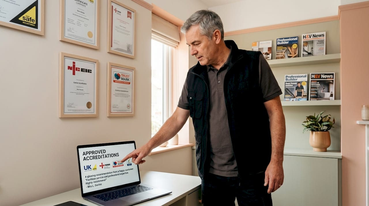 Contractor showing trust signals beside computer