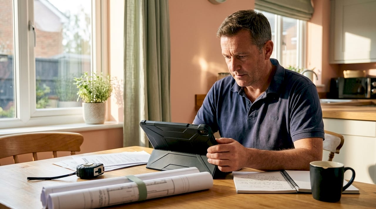 Builder reviewing website checklist on tablet