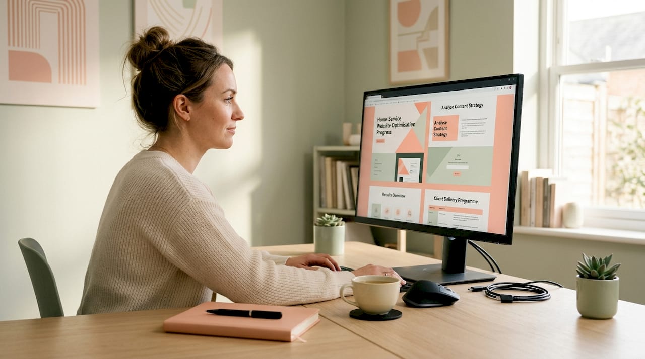 Woman reviewing AI-optimised website content in home office