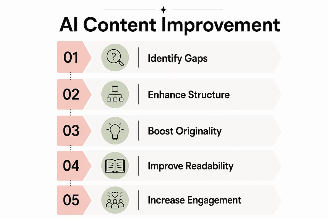 Infographic showing 5 key steps AI improves website content