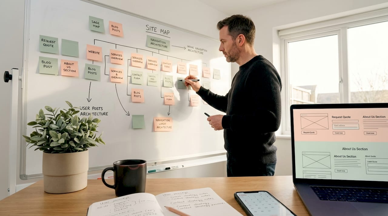 Web designer planning website sitemap on whiteboard