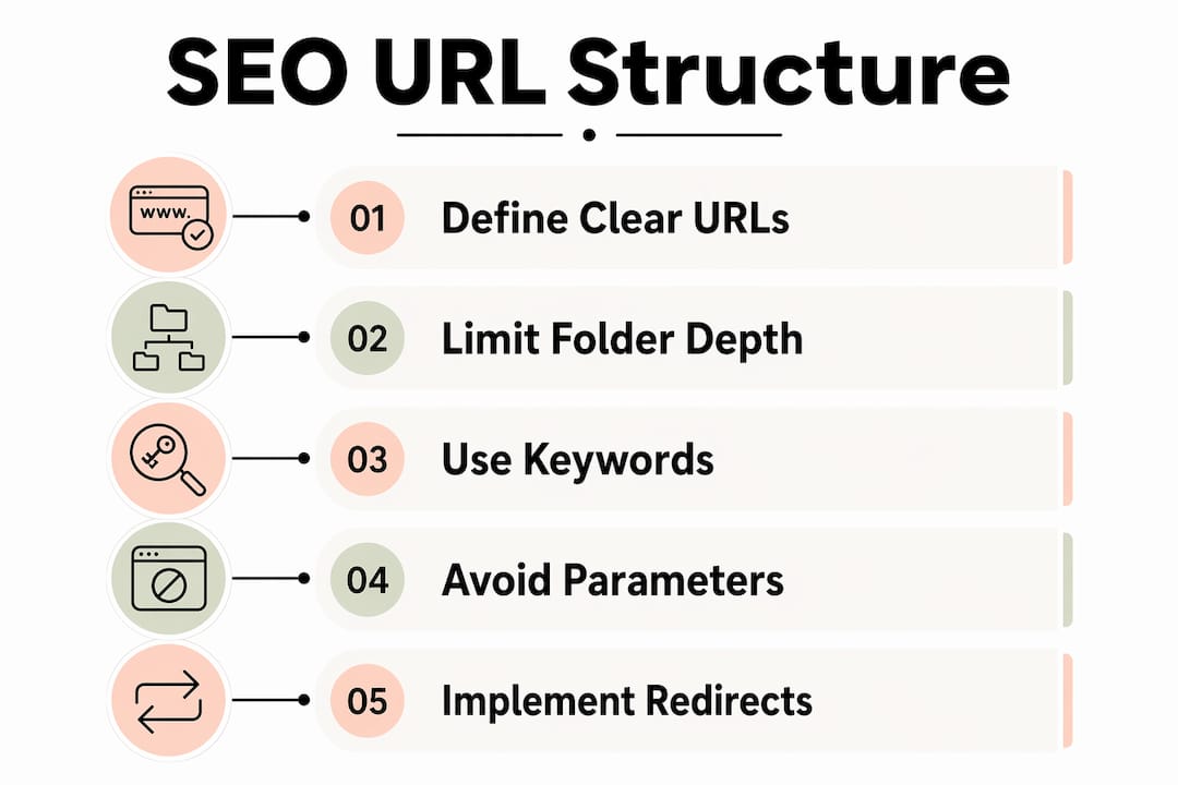 Infographic illustrating key SEO URL structure steps