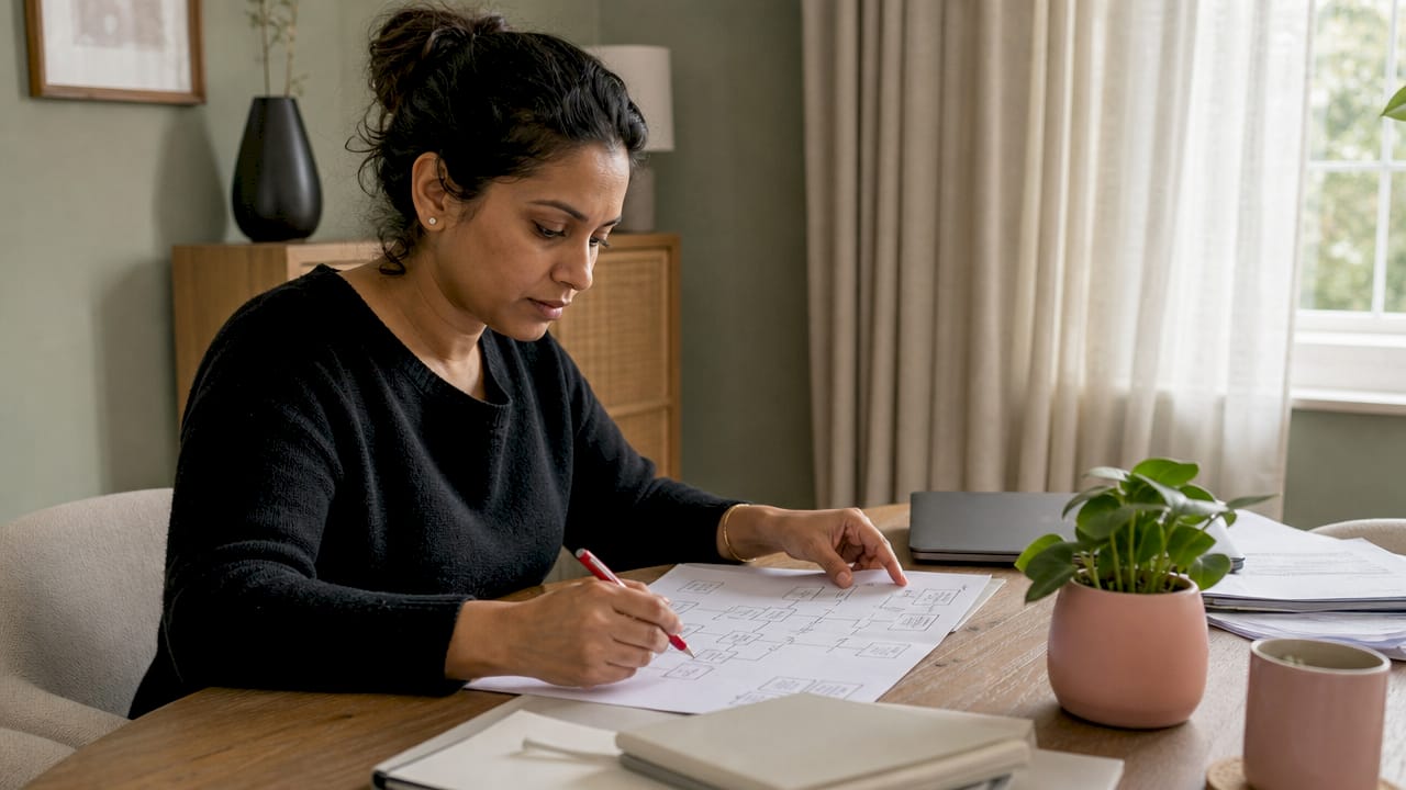 Woman reviewing SME website sitemap in home office