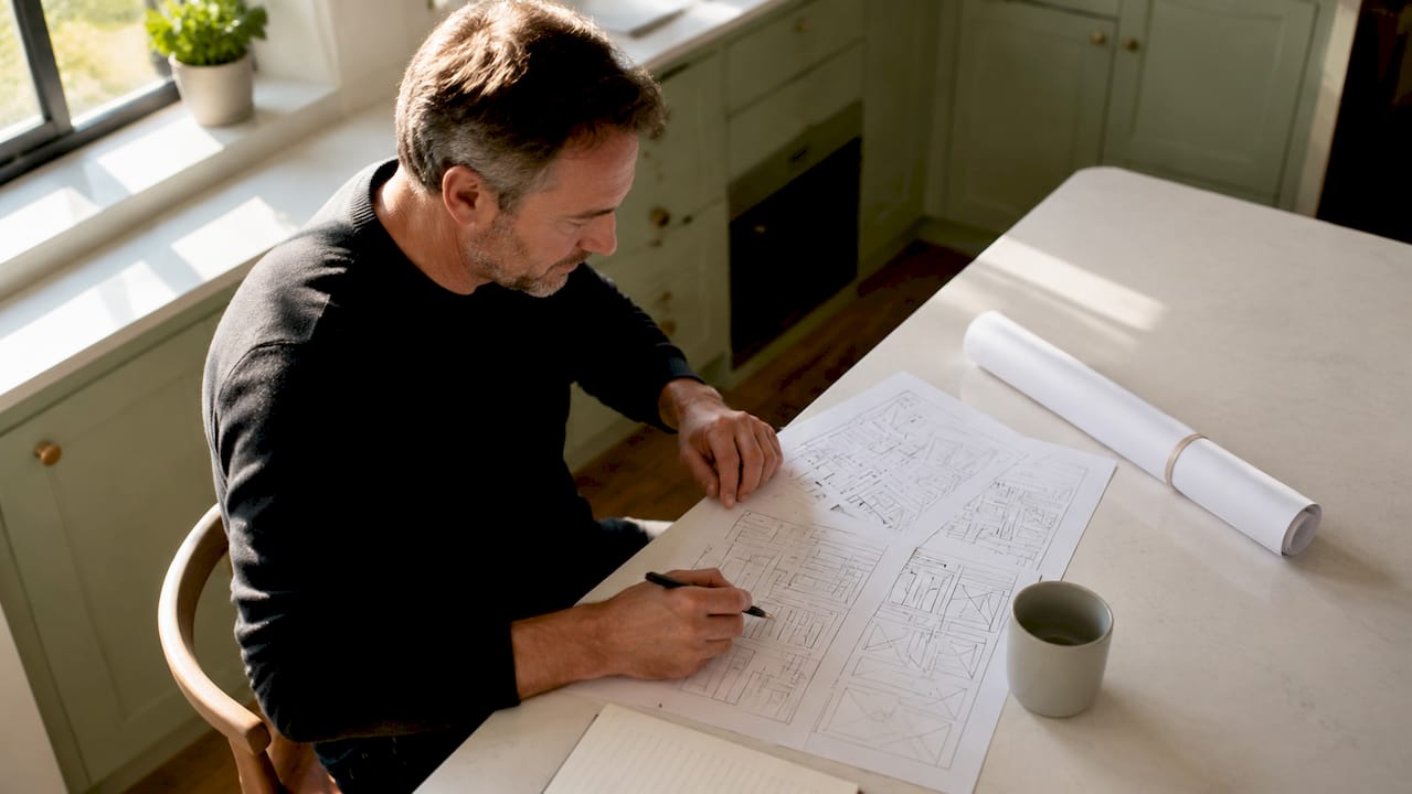 Business owner reviewing trade website sketches