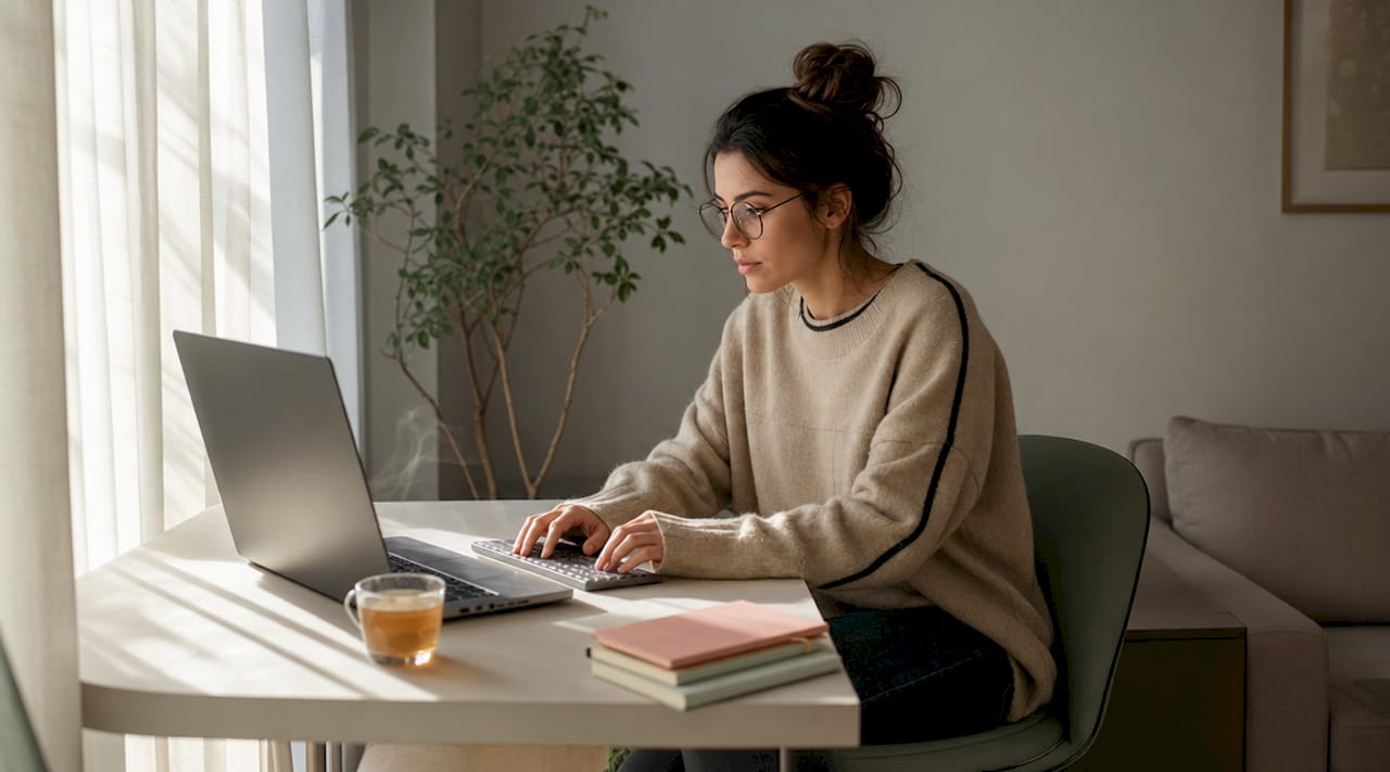 Woman typing on laptop in home office