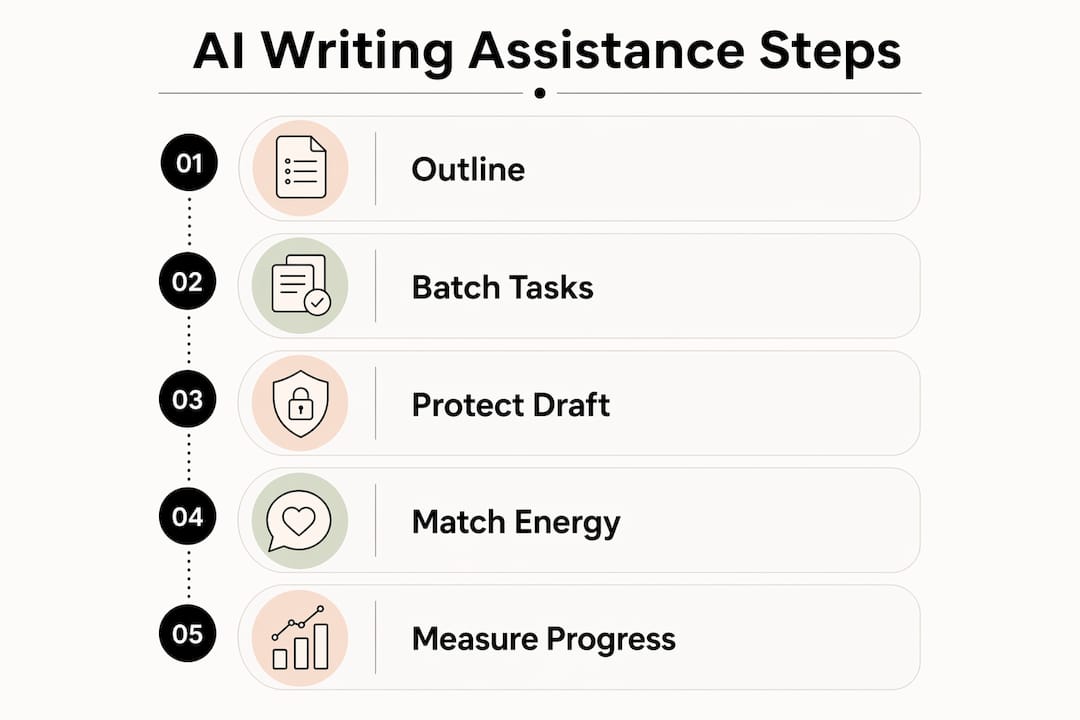 Infographic outlining steps to use AI writing assistance effectively