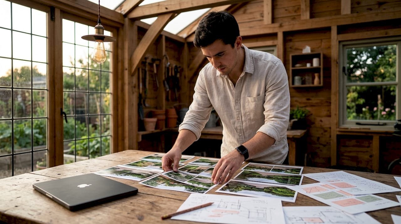 Designer arranging landscaping project photos