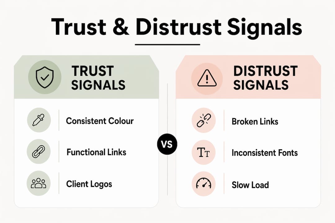 Infographic comparing trust and distrust website design signals