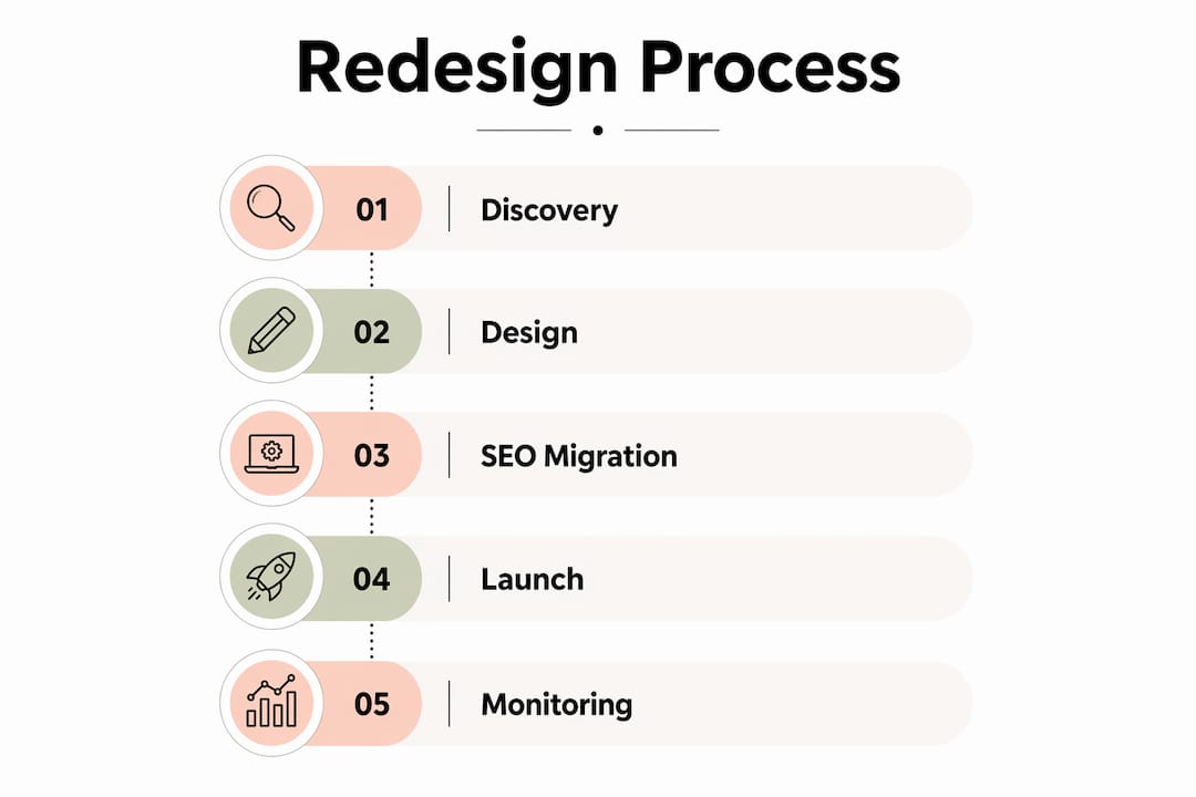 Infographic showing website redesign process steps