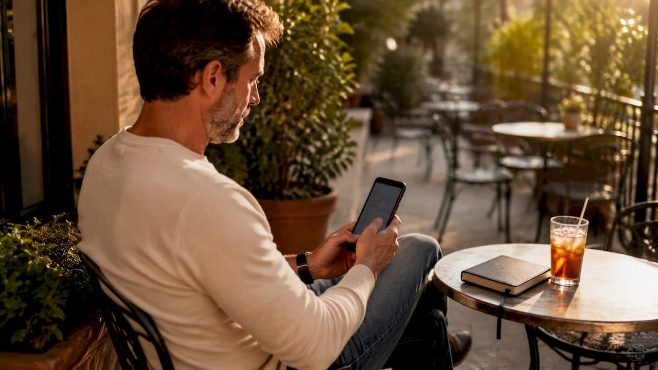 Hands scrolling website metrics on smartphone in café