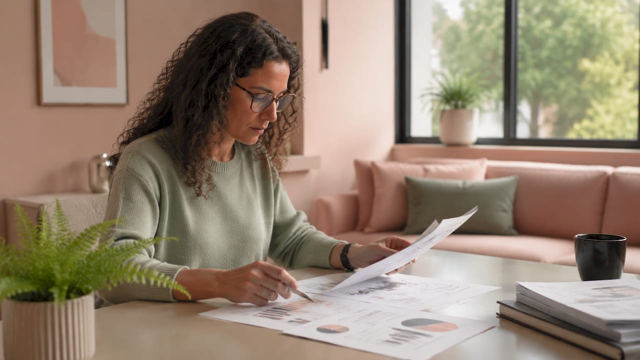 Woman reviewing website performance reports at desk