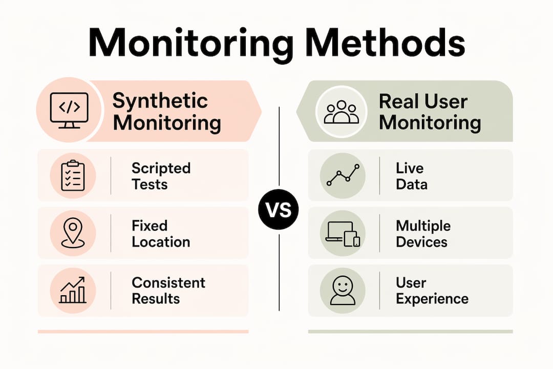 Infographic comparing synthetic and real user monitoring