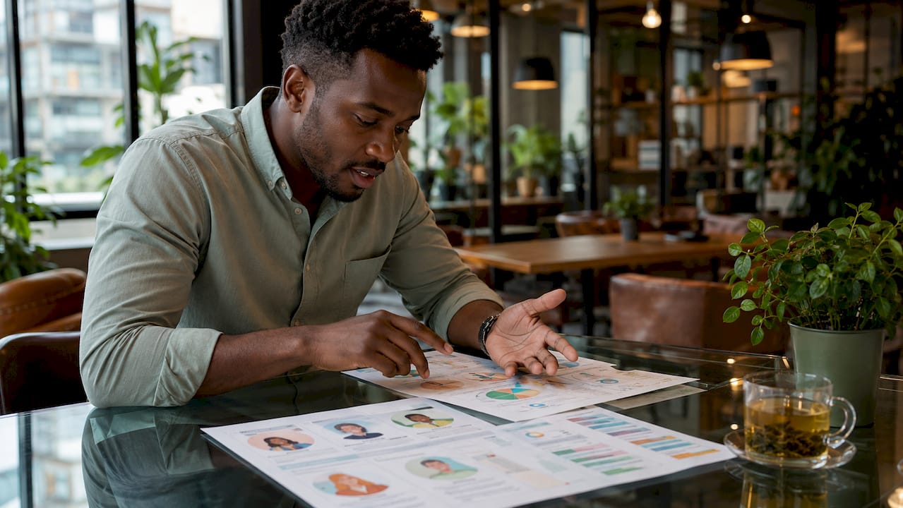 Hands pointing at buyer persona charts
