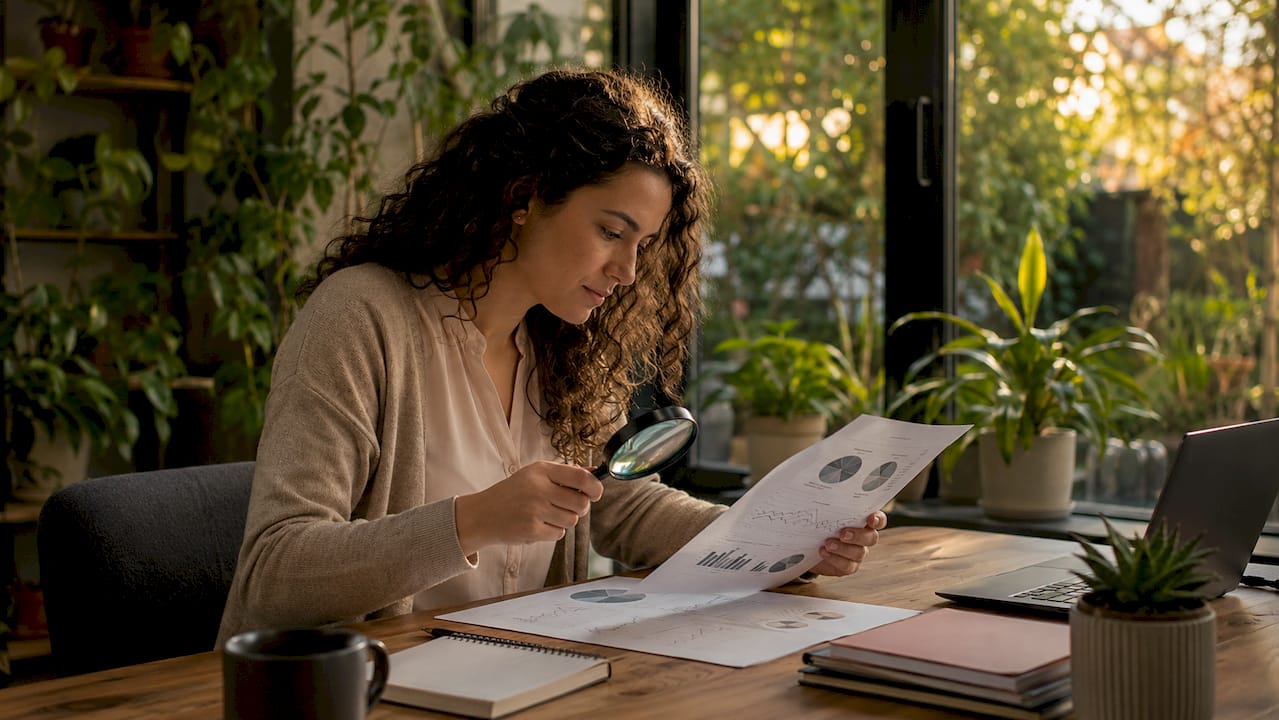 Woman analyzing printed website analytics