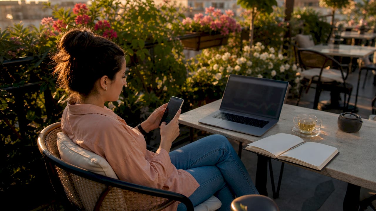 Marketer testing mobile trade website on phone