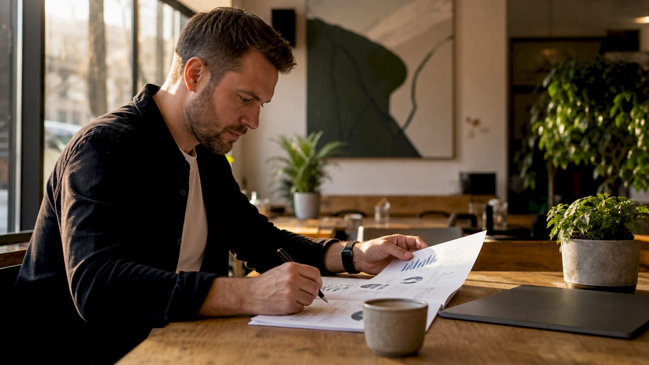 Business owner reviewing trade website analytics