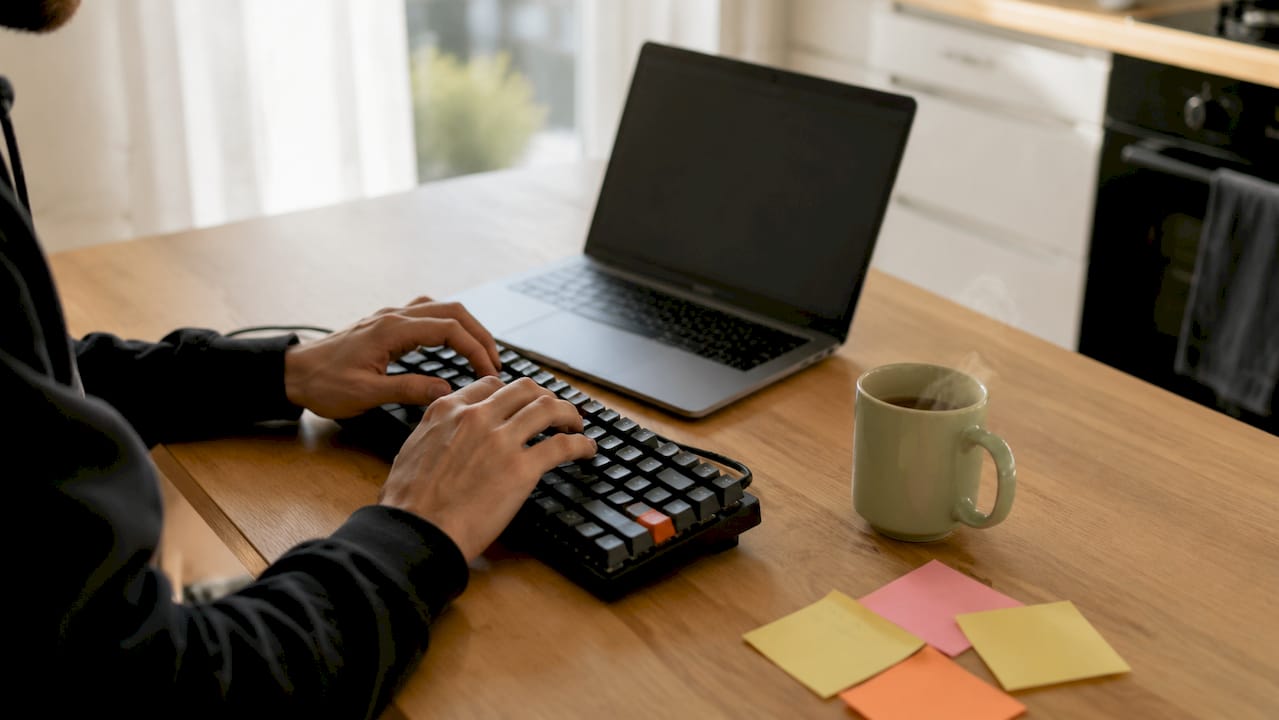 Hands typing in home office at keyboard