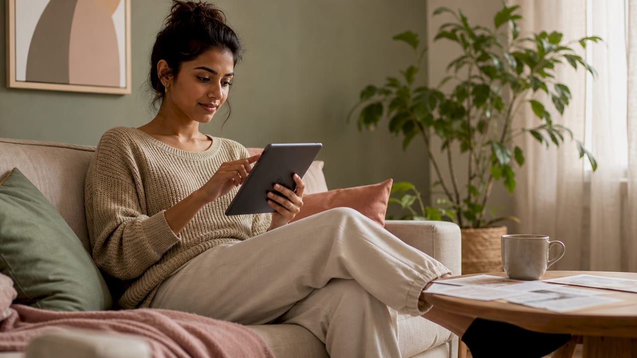 Woman reviewing social proof on tablet at home