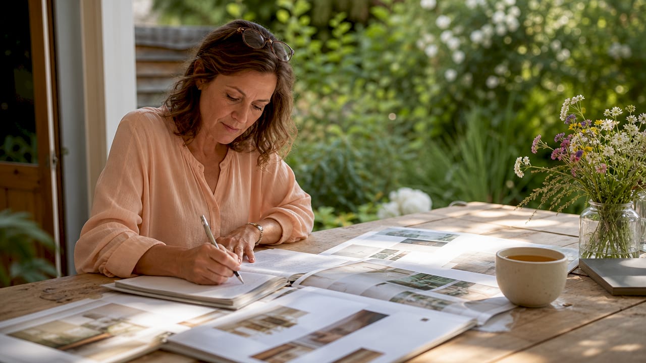 Businesswoman reviewing portfolio pages at desk