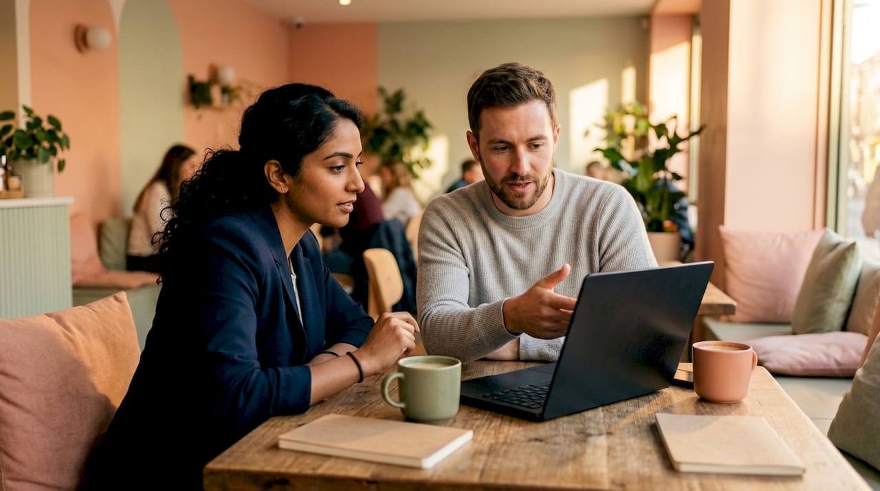 Two colleagues reviewing portfolio case studies
