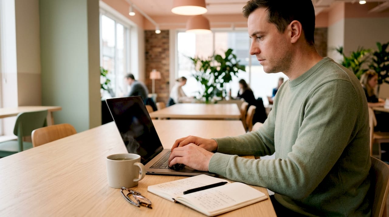 Hands typing unique local content in coffee shop