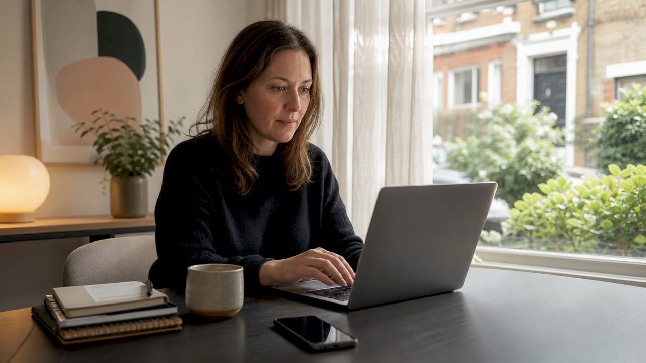 UK business owner working on laptop at home