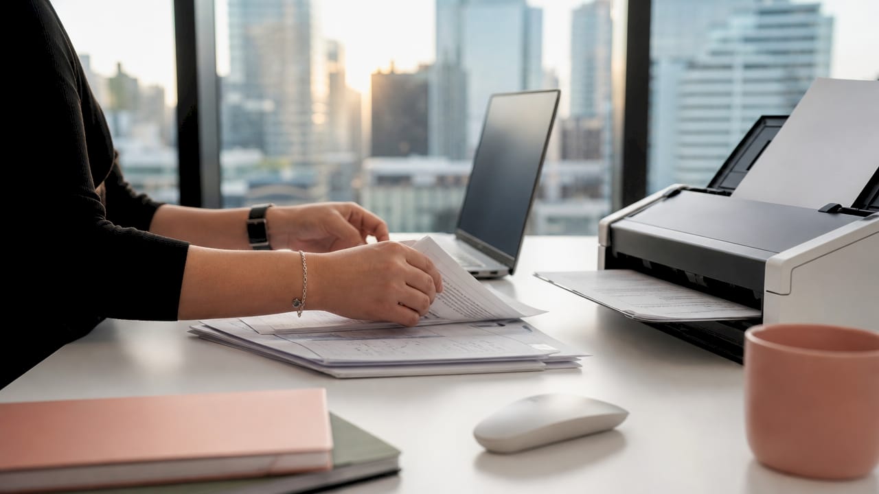 Hands sorting client documents on desk with scanner