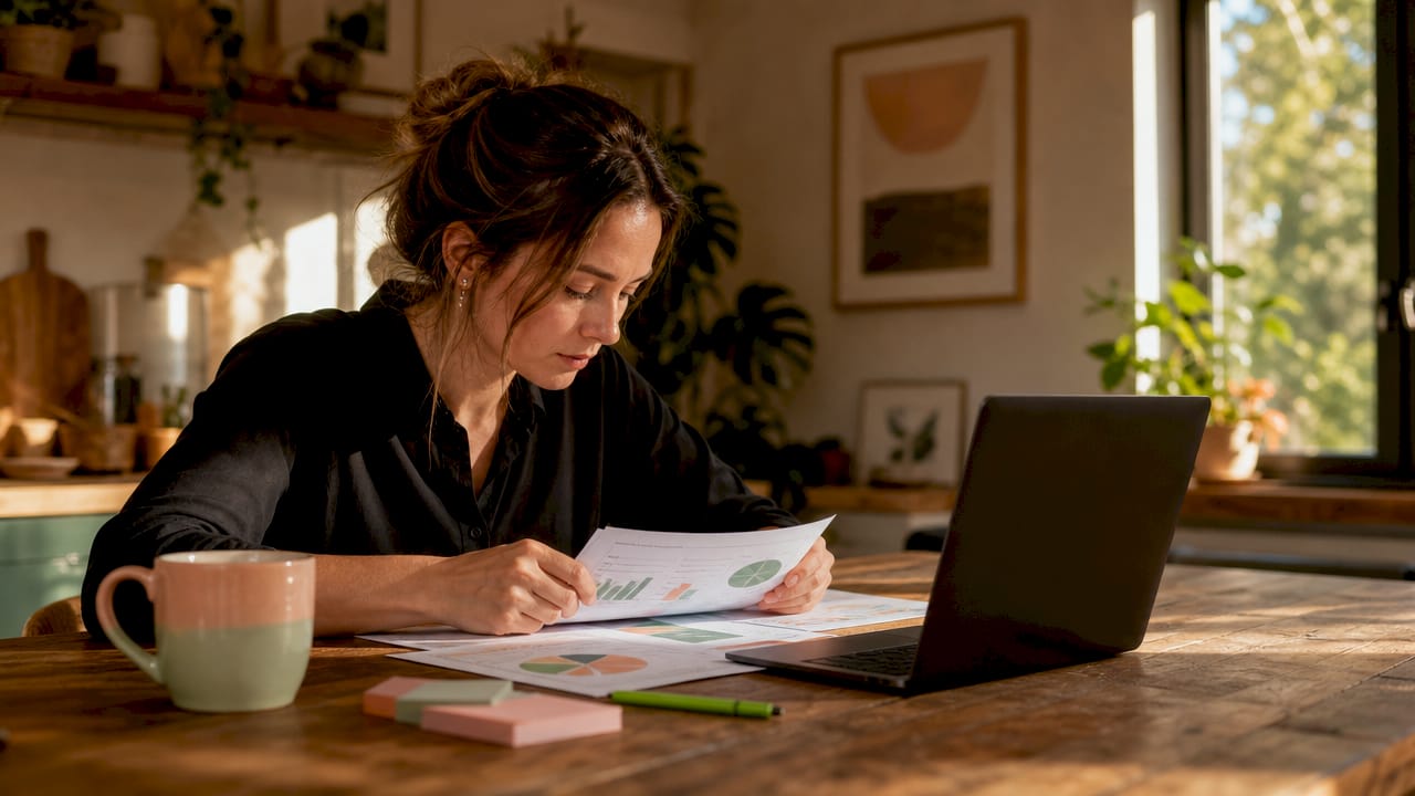 Business owner reviewing website analytics reports at desk