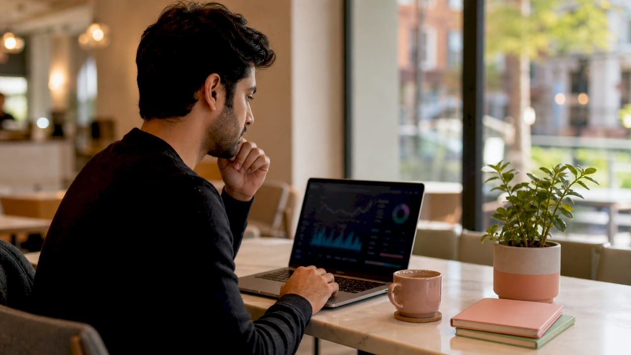 Hands typing near blurred web analytics dashboard on monitor
