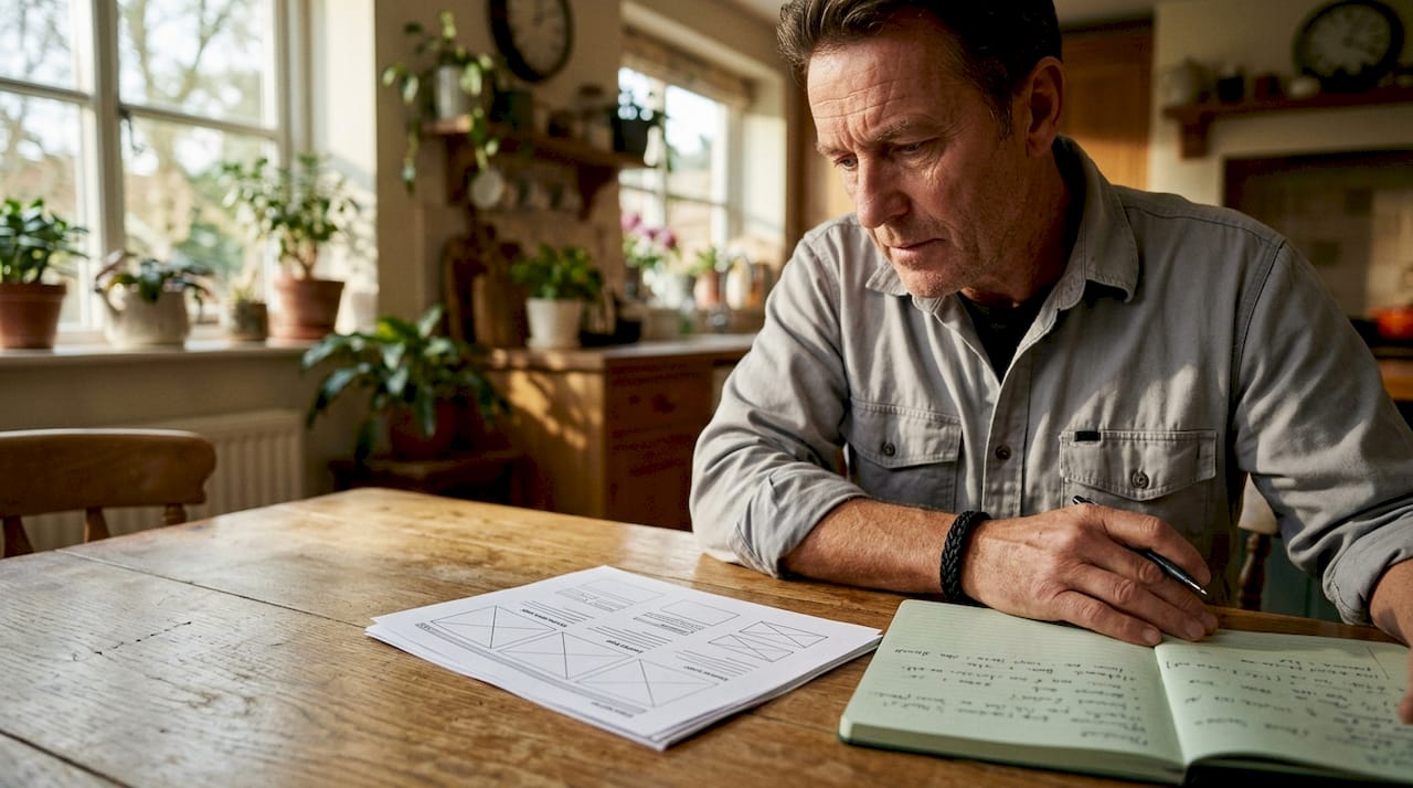 Tradesperson reviewing landing page design printout
