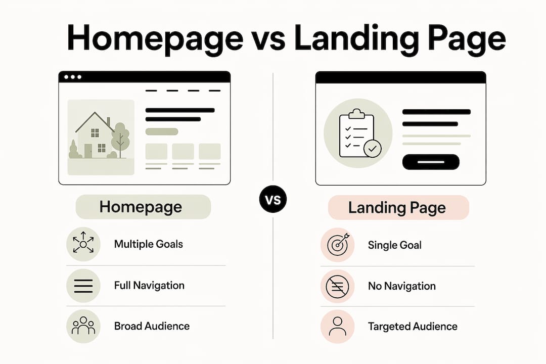 Infographic comparing homepage and landing page features