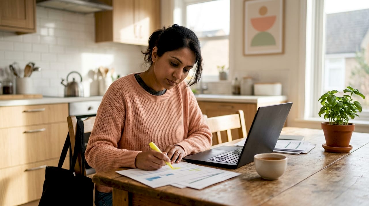 Woman reviewing AI search optimisation reports at desk
