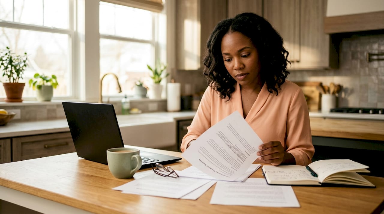 Woman reviewing printed testimonials at home office