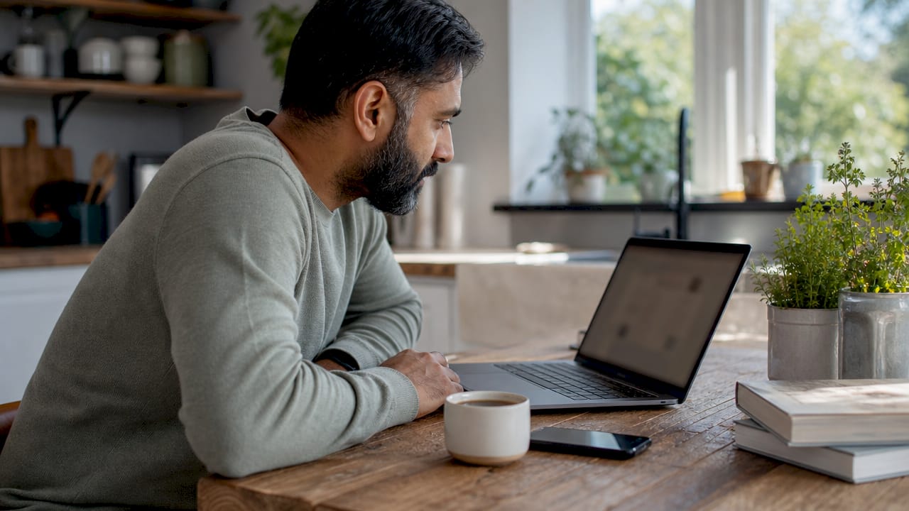 Man reading testimonial page on laptop in café