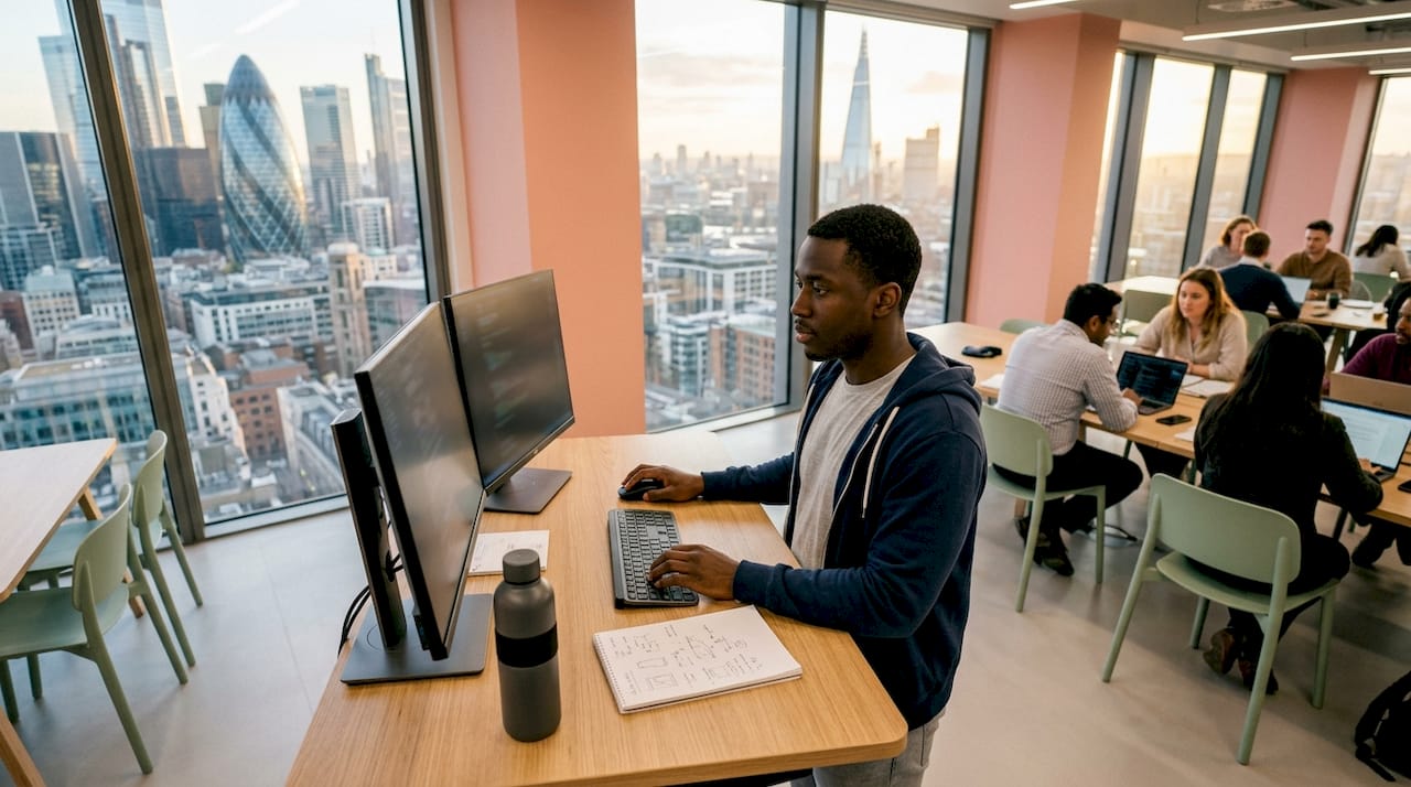 IT consultant evaluating chat platforms on monitors