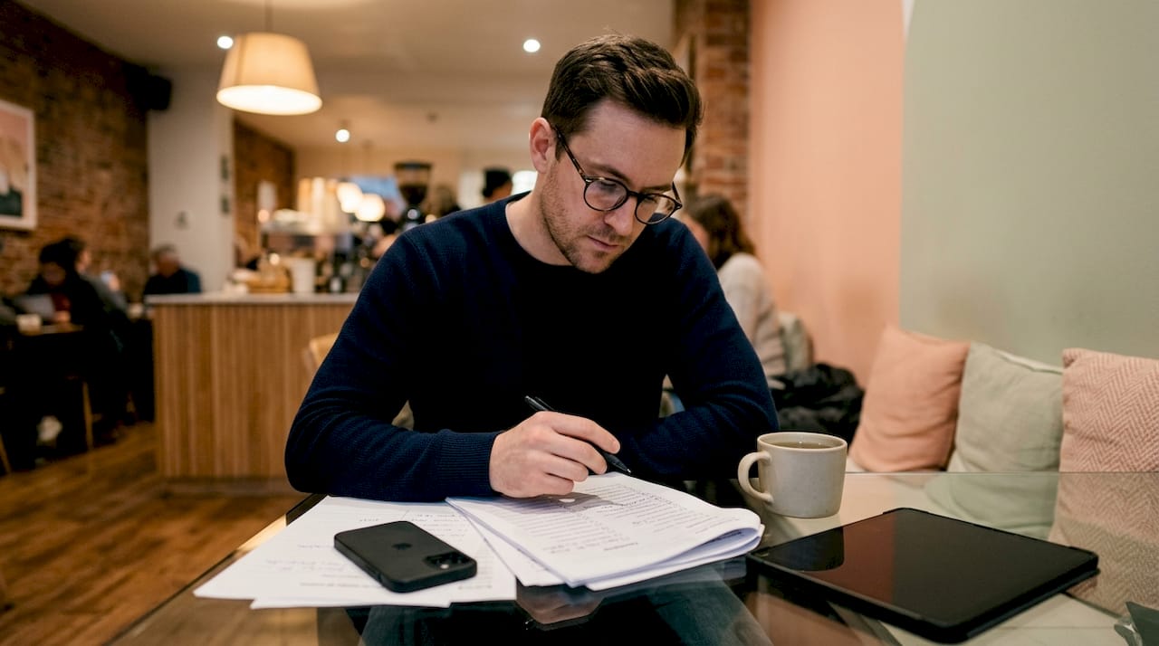 Small business owner reviewing trade website checklist