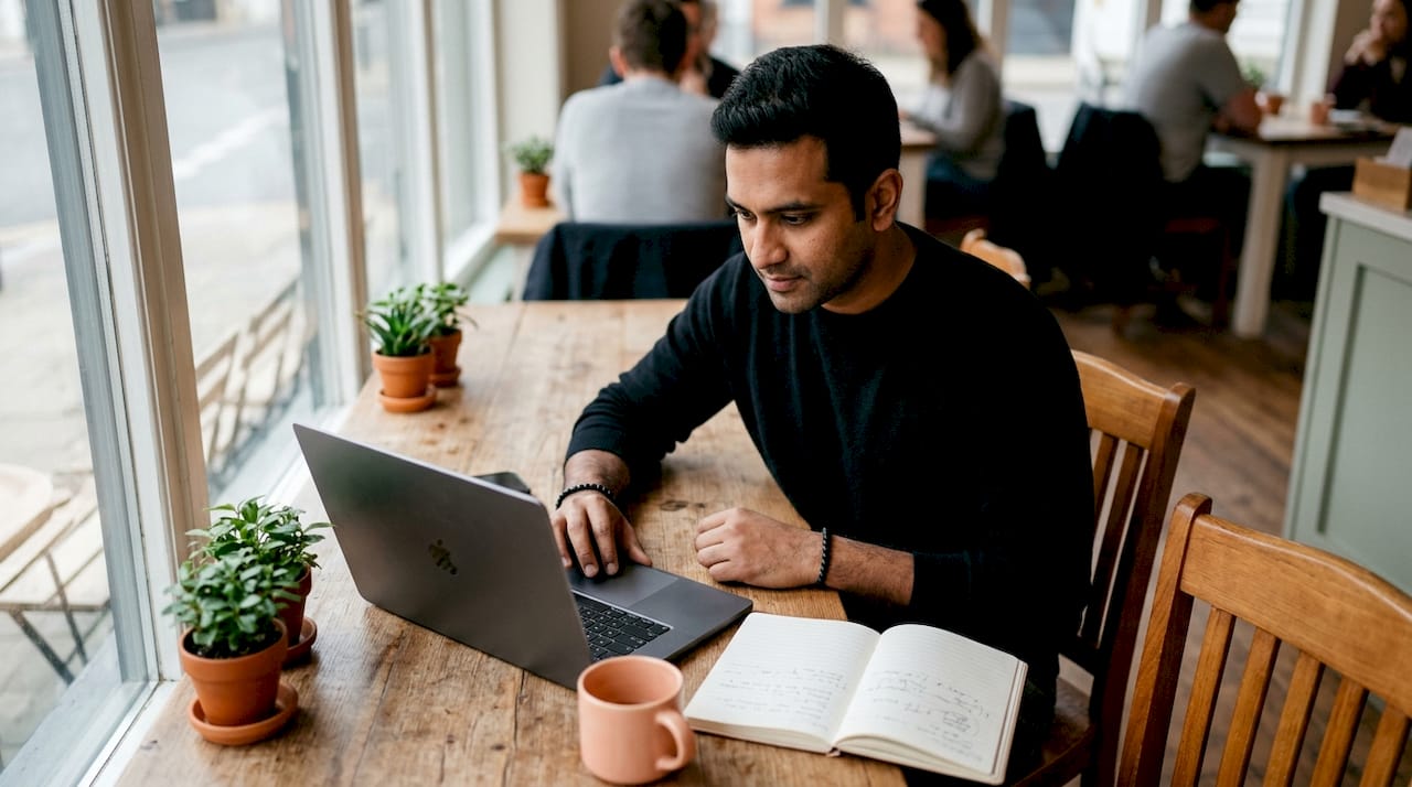 Man using trade automation software in office