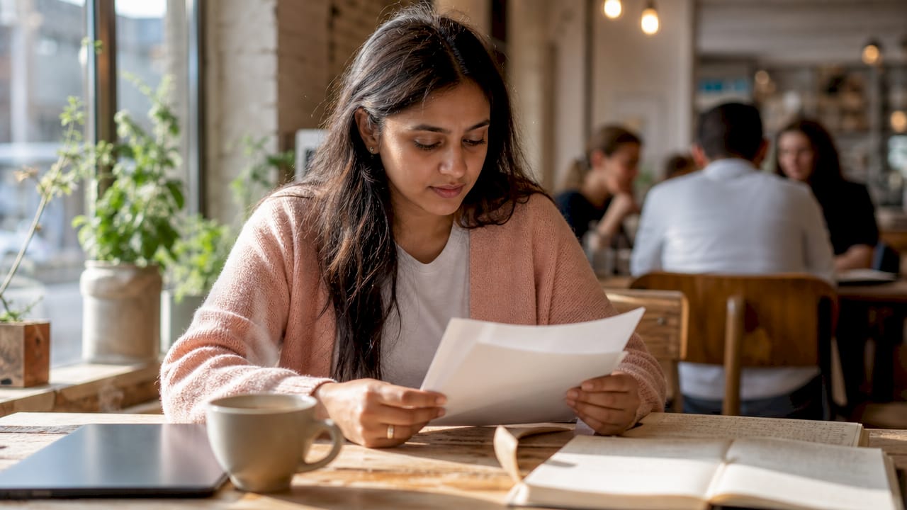 Woman reviewing About page notes in coworking space