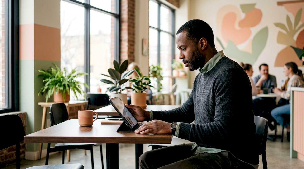 Man reviewing About page content on tablet at home office