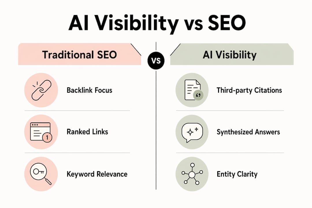 Infographic comparing AI visibility and traditional SEO