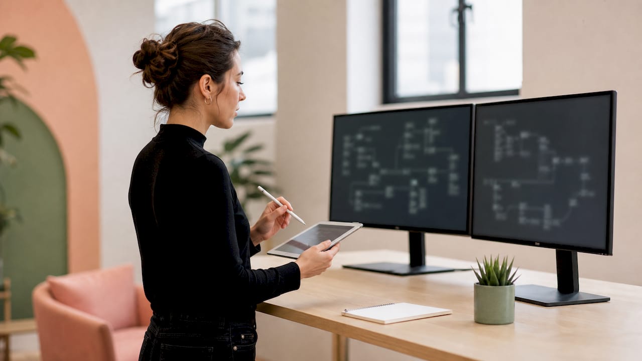 Content marketer analyzing linking structure on screens