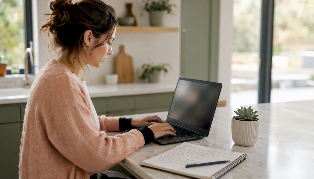 Woman integrating calendar booking on laptop in home office