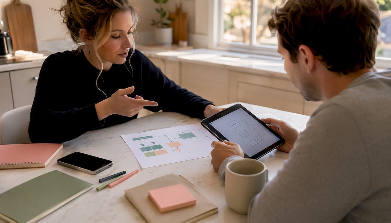 Overhead view of two people comparing booking connection methods