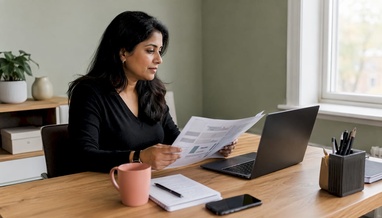 Woman reviewing web design outsourcing documents